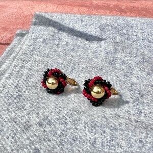 Vintage Miriam Haskell Clip On Gold Tone Earrings Beaded Red & Black